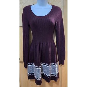 Vintage Cloud Chaser Lg Sleeve Burgundy Sweater Dress W Geometric Pattern W Sz S